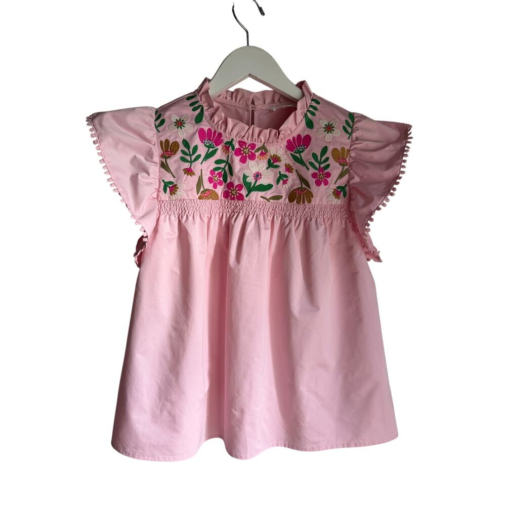 THML Pink Embroidered Floral Flutter Sleeve Blouse Top Medium Boho Boutique - Picture 2 of 11